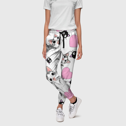 Женские брюки 3D с принтом Влюблённый котик аниме и сердечки, фото на моделе #1