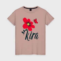 Женская футболка хлопок Имя Кира с красным цветком и бабочкой