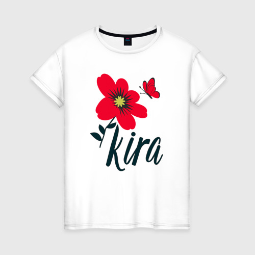 Женская футболка из хлопка с принтом Имя Кира с красным цветком и бабочкой, вид спереди №1