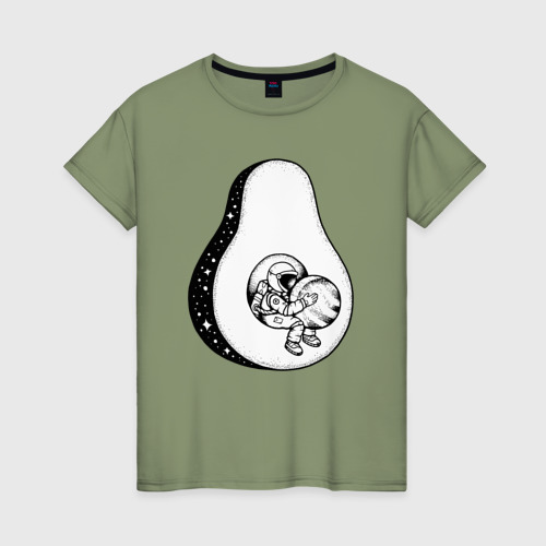 Женская футболка хлопок с принтом Космическое авокадо, вид спереди #2