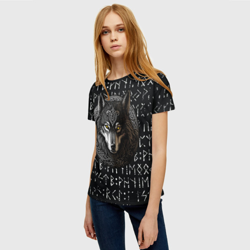 Женская футболка 3D Волк воин в орнаменте полустёртых рун, цвет 3D печать - фото 3