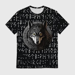Мужская футболка 3D Волк воин в орнаменте полустёртых рун