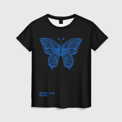 Синяя бабочка на чёрном фоне – Женская футболка 3D с принтом купить со скидкой в -26%