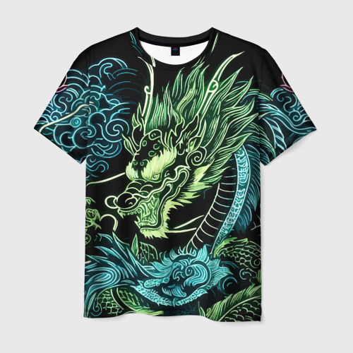 Мужская футболка 3D Ирезуми - неоновый японский дракон, цвет 3D печать