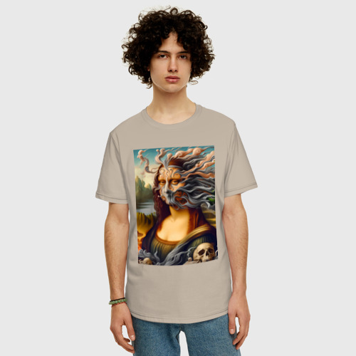 Мужская футболка хлопок Oversize Mona Lisa smoke - surrealism, цвет миндальный - фото 3