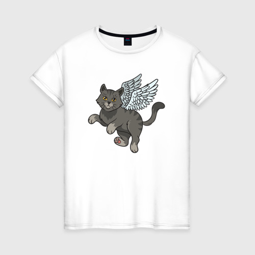 Женская футболка из хлопка с принтом Котик ангел, вид спереди №1