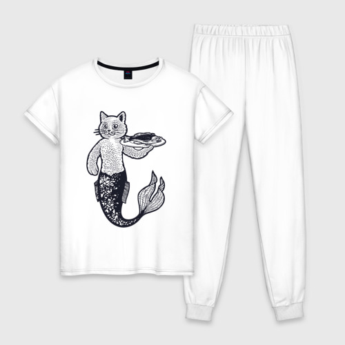 Женская пижама хлопок с принтом Кошка русалка, вид спереди #2