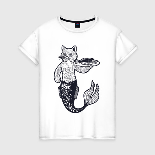 Женская футболка из хлопка с принтом Кошка русалка, вид спереди №1