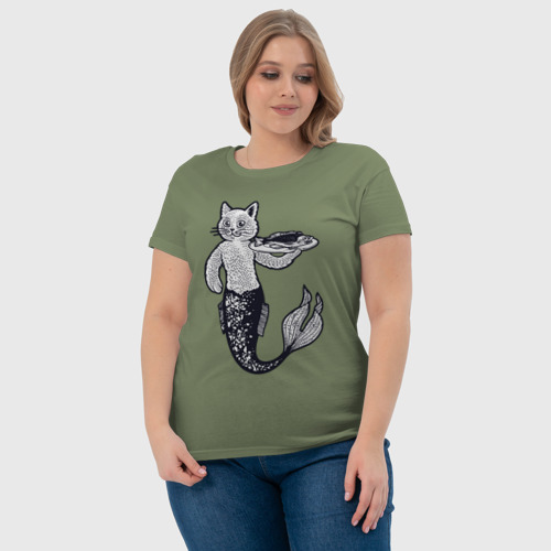 Женская футболка хлопок Кошка русалка, цвет авокадо - фото 6