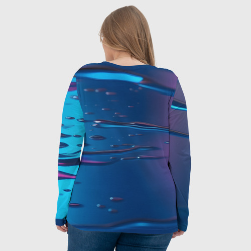 Женский лонгслив 3D с принтом Неоновая поверхность синяя с каплями воды, вид сзади #2