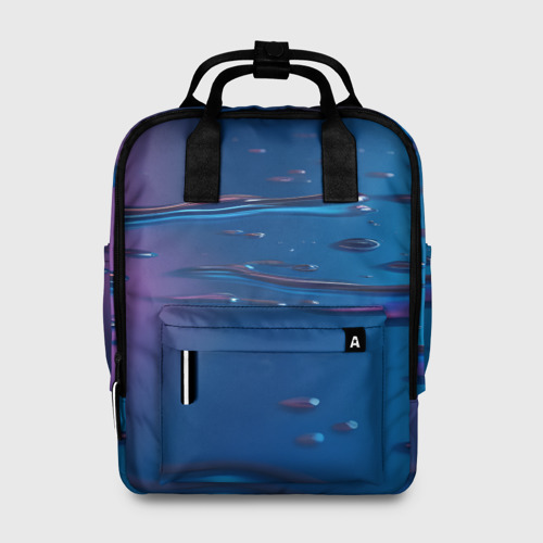 Женский рюкзак 3D с принтом Неоновая поверхность синяя с каплями воды, вид спереди #2