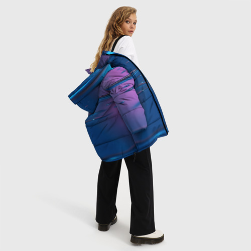 Женская зимняя куртка 3D с принтом Неоновая поверхность синяя с каплями воды, вид сбоку #3