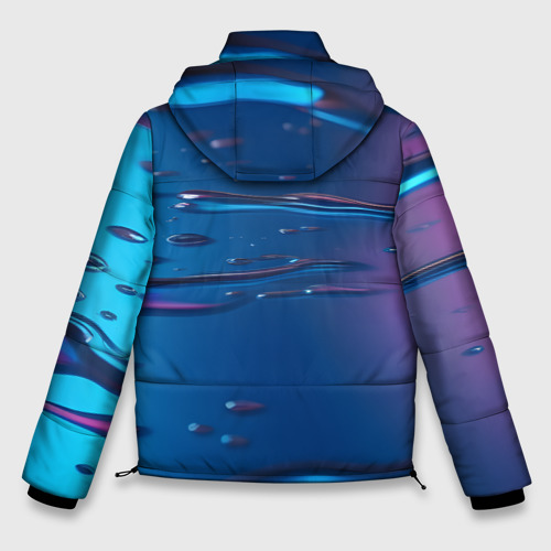 Мужская зимняя куртка 3D с принтом Неоновая поверхность синяя с каплями воды, вид сзади #1
