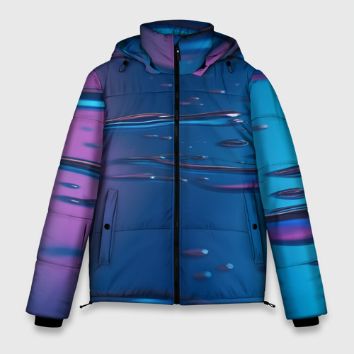 Мужская зимняя куртка 3D с принтом Неоновая поверхность синяя с каплями воды, вид спереди #2