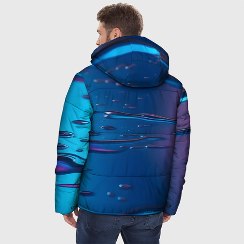 Мужская зимняя куртка 3D с принтом Неоновая поверхность синяя с каплями воды, вид сзади #2
