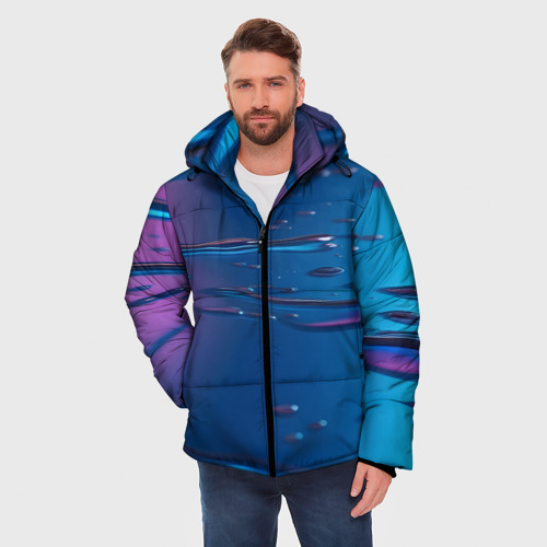 Мужская зимняя куртка 3D с принтом Неоновая поверхность синяя с каплями воды, фото на моделе #1