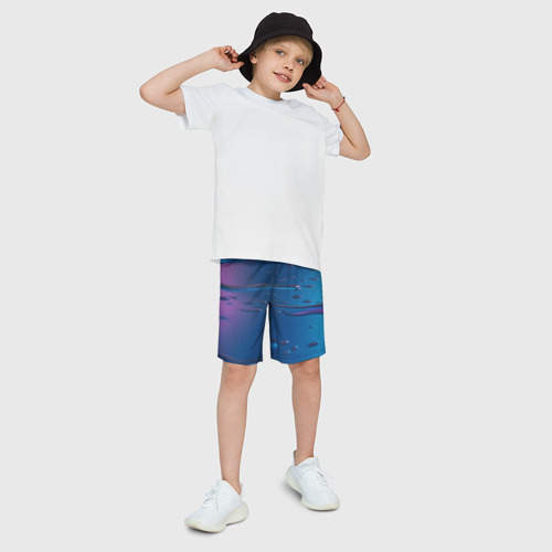 Детские спортивные шорты 3D с принтом Неоновая поверхность синяя с каплями воды, фото на моделе #1