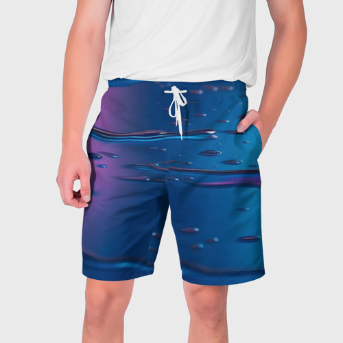 Мужские шорты 3D с принтом Неоновая поверхность синяя с каплями воды, вид спереди #2