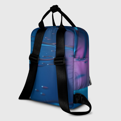 Женский рюкзак 3D с принтом Неоновая поверхность синяя с каплями воды, вид сзади #1