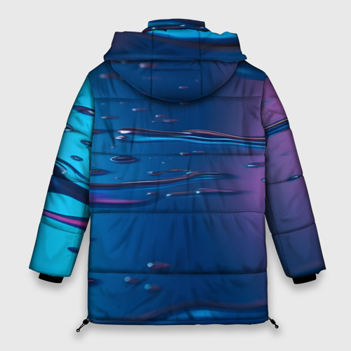 Женская зимняя куртка 3D с принтом Неоновая поверхность синяя с каплями воды, вид сзади #1