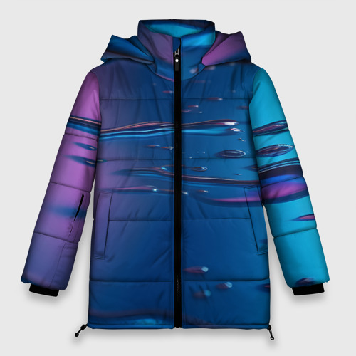 Женская зимняя куртка 3D с принтом Неоновая поверхность синяя с каплями воды, вид спереди #2