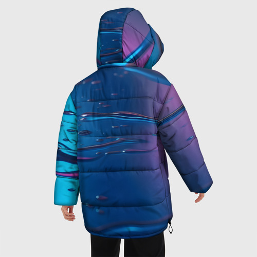 Женская зимняя куртка 3D с принтом Неоновая поверхность синяя с каплями воды, вид сзади #2