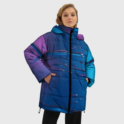 Женская зимняя куртка 3D с принтом Неоновая поверхность синяя с каплями воды, фото на моделе #1