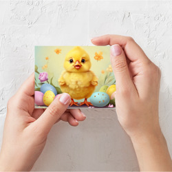 Открытка с принтом Желтый цыплёнок с крашеными яйцами для любого человека, вид спереди №2. Цвет основы: белый