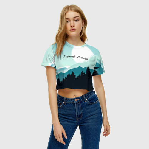 Женская футболка Crop-top 3D Горный Алтай пейзаж, цвет 3D печать - фото 3