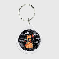 Брелок круглый Рыжий кот самурай с саблей
