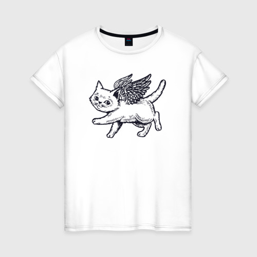 Женская футболка из хлопка с принтом Angel cat, вид спереди №1