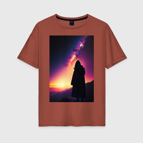 Женская футболка хлопок Oversize с принтом Млечный путь и путник, вид спереди #2