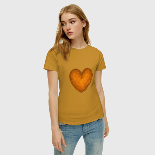 Женская футболка хлопок Рисунок сердце оранжевого цвета, цвет горчичный - фото 3