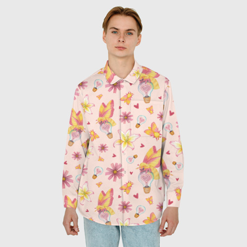 Мужская рубашка oversize 3D с принтом Влюблённые мотыльки, фото на моделе #1