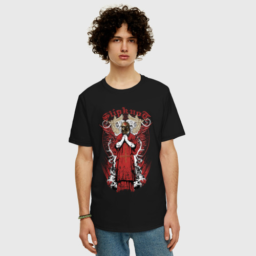 Мужская футболка хлопок Oversize с принтом Slipknot на фоне антихриста, фото на моделе #1
