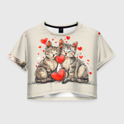 Женская футболка Crop-top 3D Влюбленные кошечки с сердечками