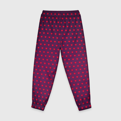 Детские брюки 3D с принтом Красные сердечки на темно-бордовом фоне, вид сзади #1