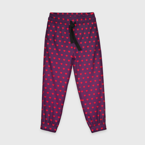 Детские брюки 3D с принтом Красные сердечки на темно-бордовом фоне, вид спереди #2