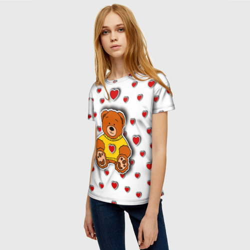 Женская футболка 3D Стикер наклейка мишка и сердце объемный рисунок, цвет 3D печать - фото 3