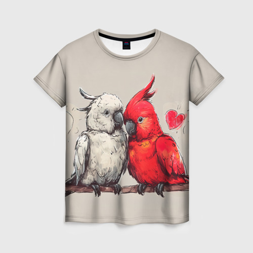 Женская футболка с принтом Влюбленные попугаи 14 февраля, вид спереди №1