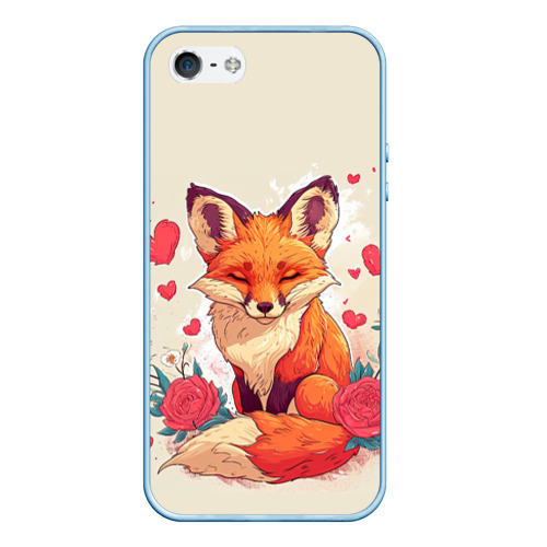 Чехол для iPhone 5/5S матовый Влюбленная лисичка  в сердечках, цвет голубой