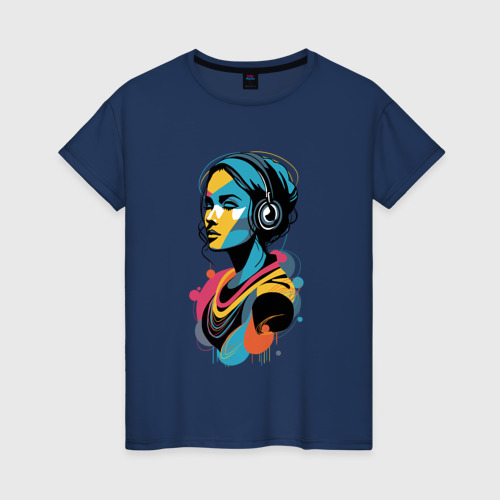 Женская футболка хлопок с принтом Девушка и музыка, вид спереди #2
