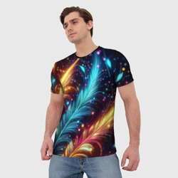 Мужская футболка 3D Неоновые разноцветные перья - фото 2
