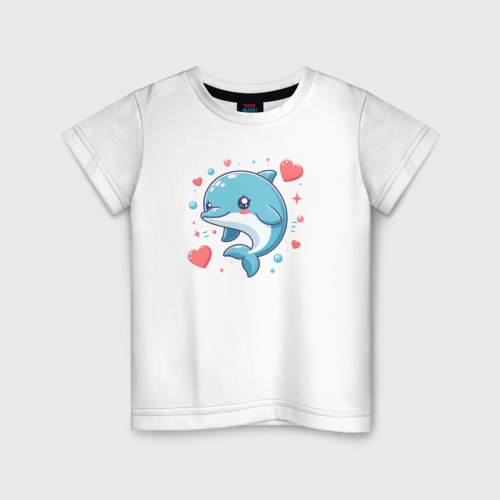 Детская футболка из хлопка с принтом Милый дельфин с сердечками, вид спереди №1
