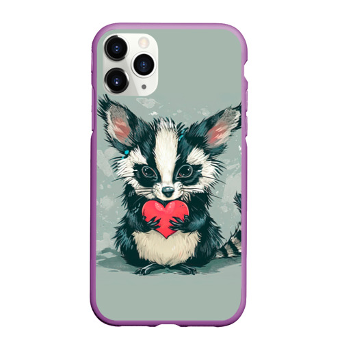Чехол для iPhone 11 Pro Max матовый Пушистый зверек с сердечком, цвет фиолетовый