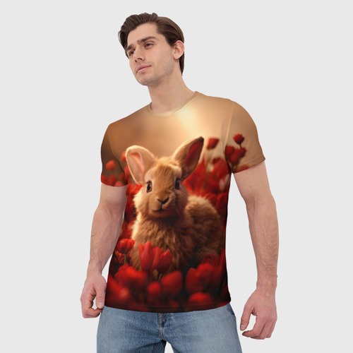 Мужская футболка 3D Влюбленный кролик в розах, цвет 3D печать - фото 3