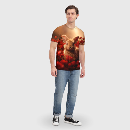Мужская футболка 3D Влюбленный кролик в розах, цвет 3D печать - фото 5