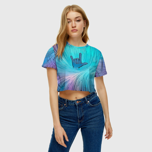 Женская футболка Crop-top 3D Рок жест коза, цвет 3D печать - фото 3