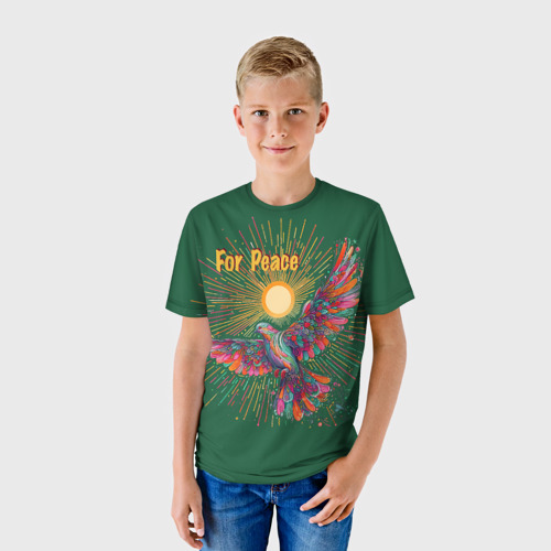 Детская футболка 3D с принтом Летящий голубь мира, фото на моделе #1