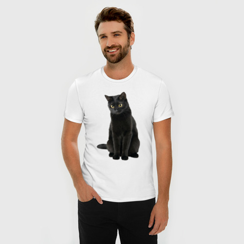 Мужская футболка хлопок Slim Черная кошка бомбейской породы, цвет белый - фото 3